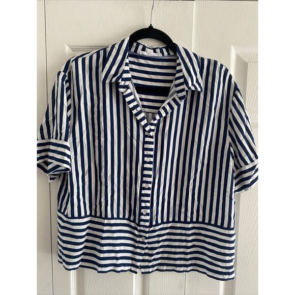 Jane Delancey‎ Womens Large Navy Striped Button Down Short Sleeve Coastal - Picture 1 of 9